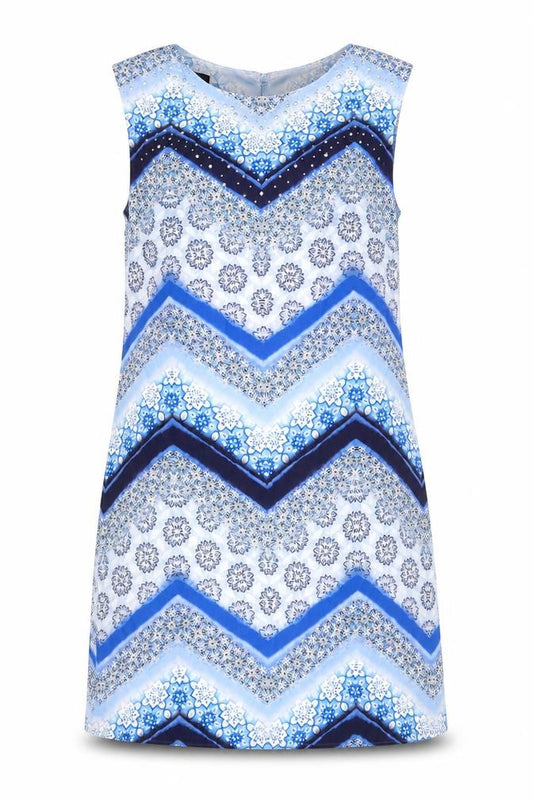 Front view of Wallis women’s blue geometric polyester a-line, size UK 8, round neck button