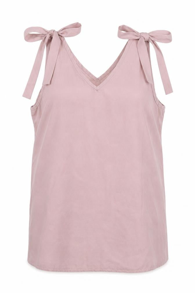 Front view of Preworn women’s pink polyester basic tank, size S, v-neck - shoulder tie detail