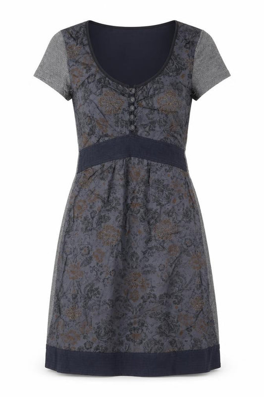 Front view of Cream women’s grey floral viscose a-line, size XS, round neck button