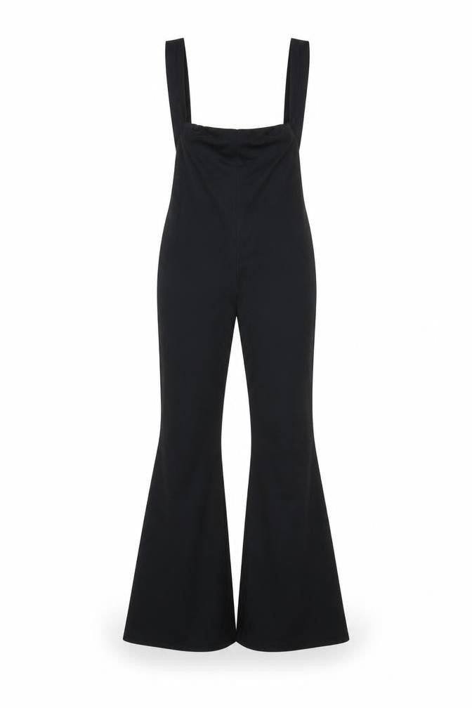 Front view of PRETTYLITTLETHING women’s black polyester dungaree one-piece, size UK 8, pullover