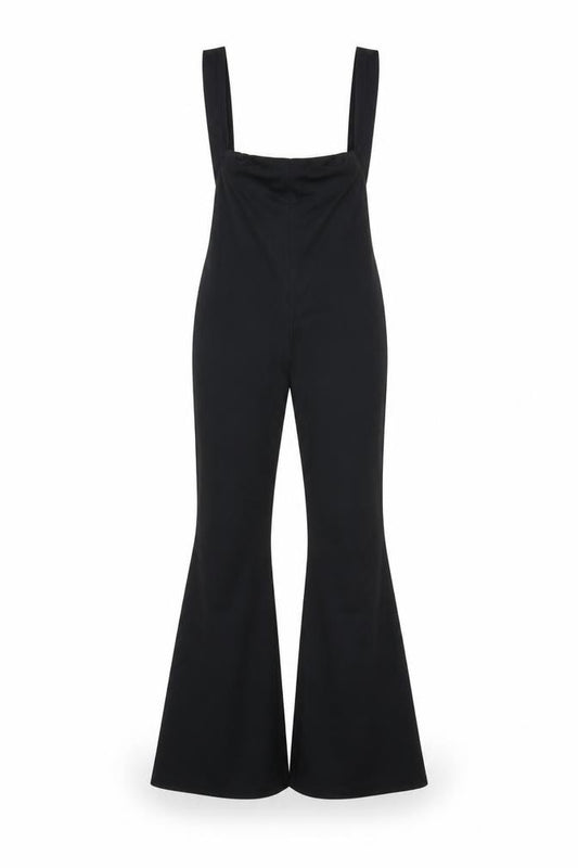 Front view of PRETTYLITTLETHING women’s black polyester dungaree one-piece, size UK 8, pullover
