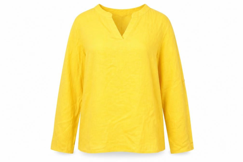 Front view of Emery Rose women’s yellow polyester basic t-shirt, size XL, v-neck