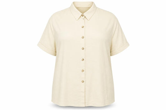 Front view of Preworn women’s beige polyester basic button-up, size XL, collared