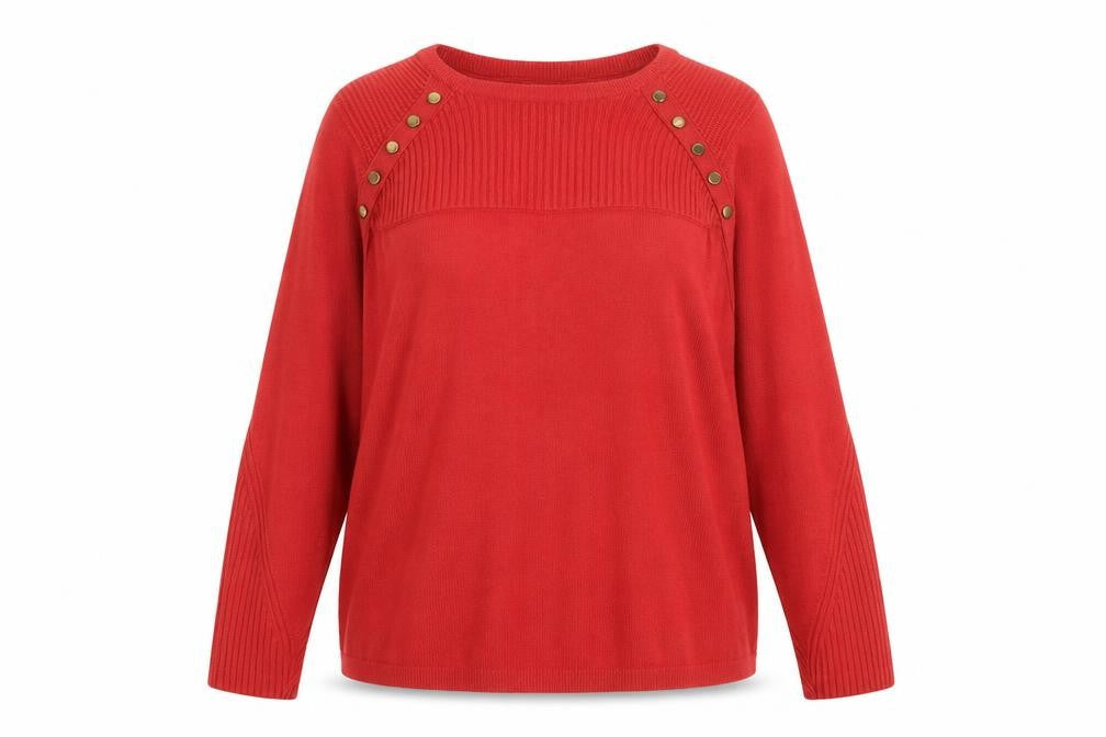 Front view of Marks & Spencer women’s red round neck acrylic jumper, size UK 18
