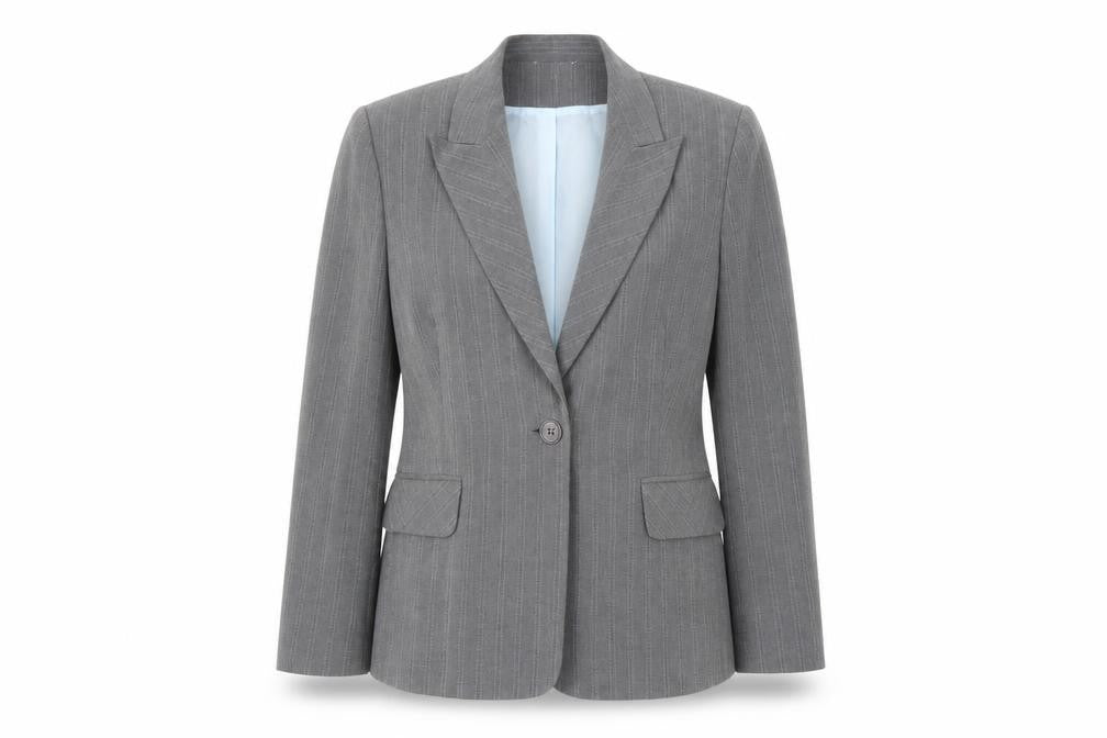 Front view of Marks & Spencer women’s grey striped polyester jacket suit jacket, size UK 16
