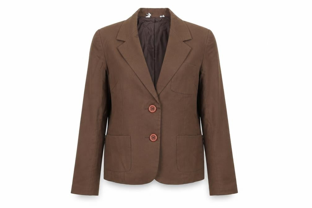 Front view of Preworn women’s brown cotton jacket suit jacket, size UK 14