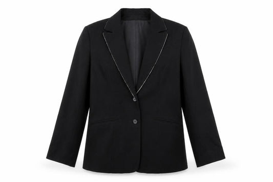 Front view of OPUS women’s black polyester jacket blazer, size UK 14