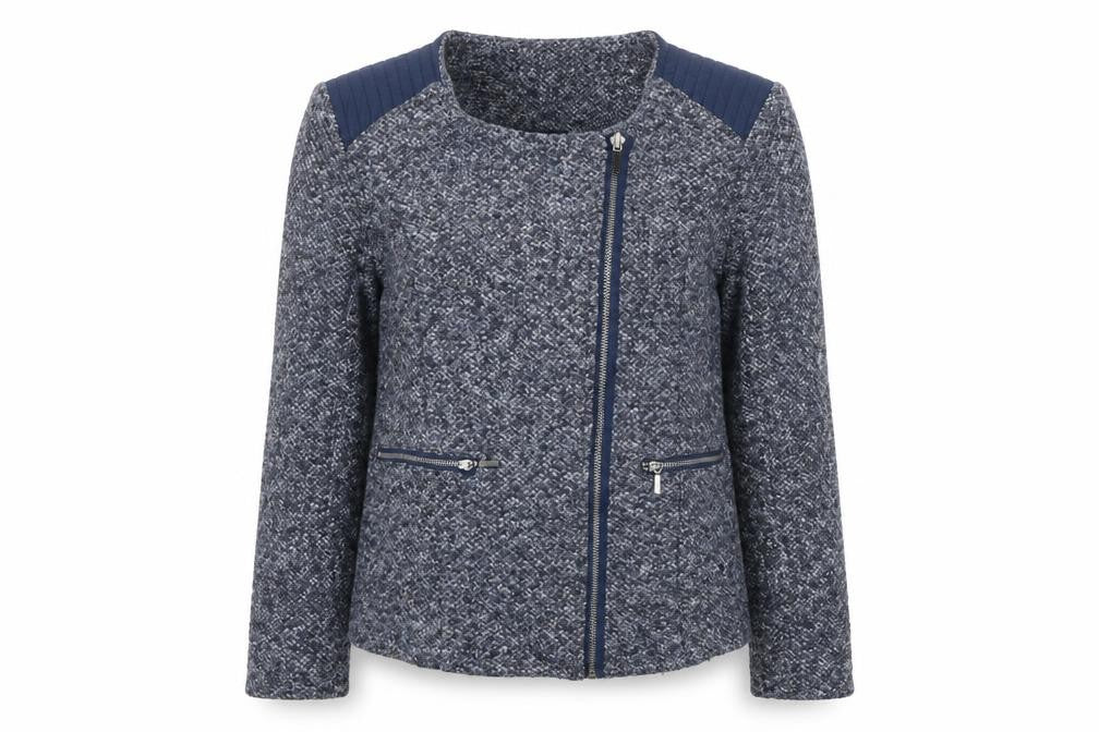 Front view of Klass women’s blue geometric jacket, size UK 10, zip