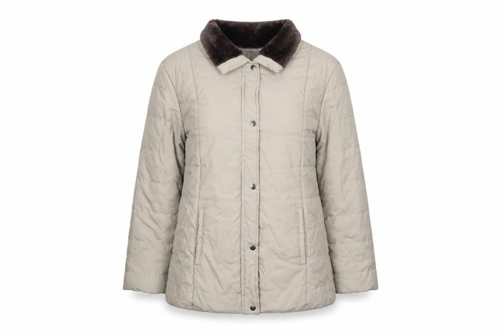 Front view of Anne De Lancay women’s beige jacket, size L, snap