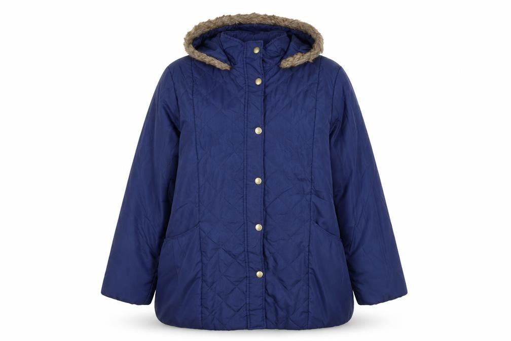 Front view of Anne De Lancay women’s blue jacket, size L, snap