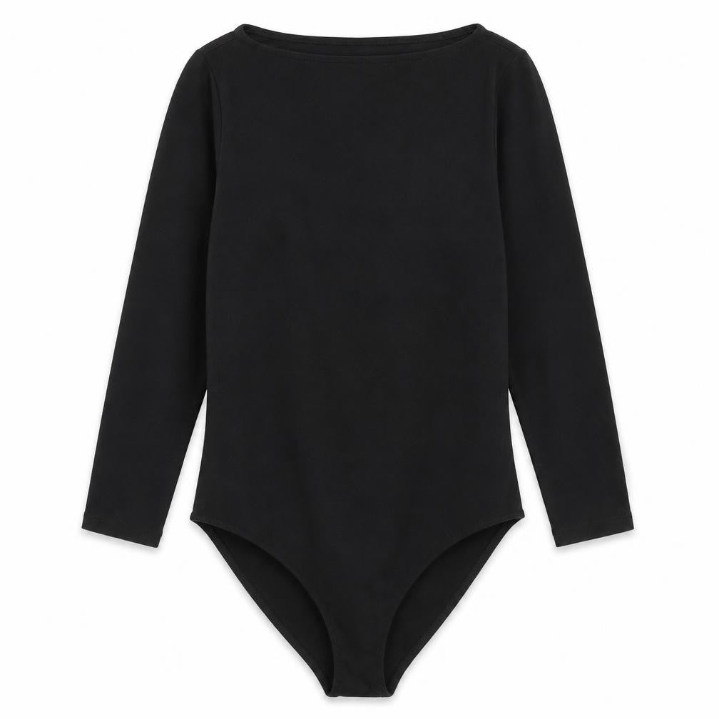 Front view of H&M women’s black cotton bodysuit one-piece, size M, snap