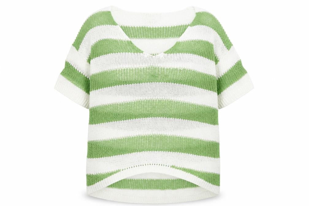 Front view of Next women’s green v-neck striped acrylic jumper, size UK 14