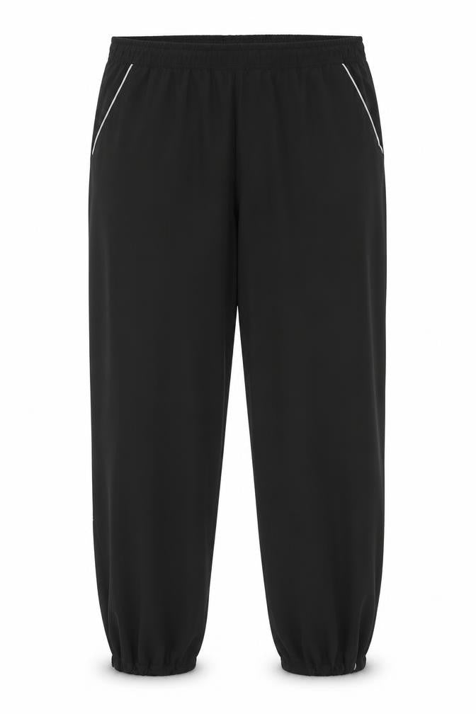 Front view of H&M women’s black polyester trousers, size L, regular