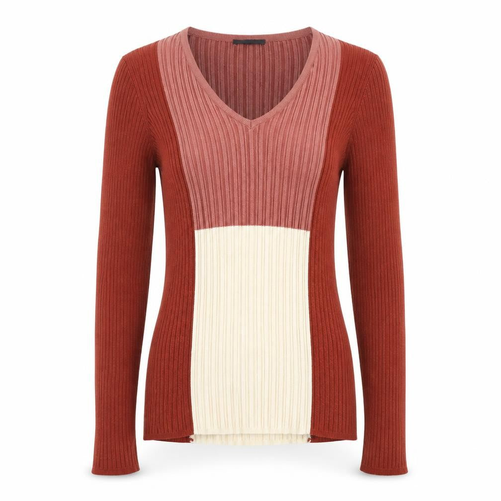 Front view of Marks & Spencer women’s multicoloured v-neck viscose jumper, size UK 10, - colourblock