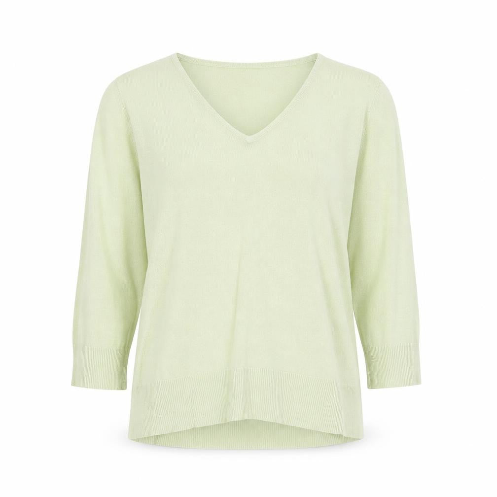 Front view of BHS women’s green v-neck acrylic jumper, size UK 14