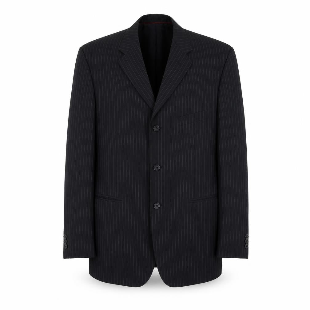 Front view of Jeanne Pierre men’s black striped polyester jacket suit jacket, size L, regular