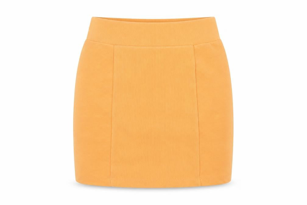 Front view of H&M women’s orange polyester mini skirt, size UK 10