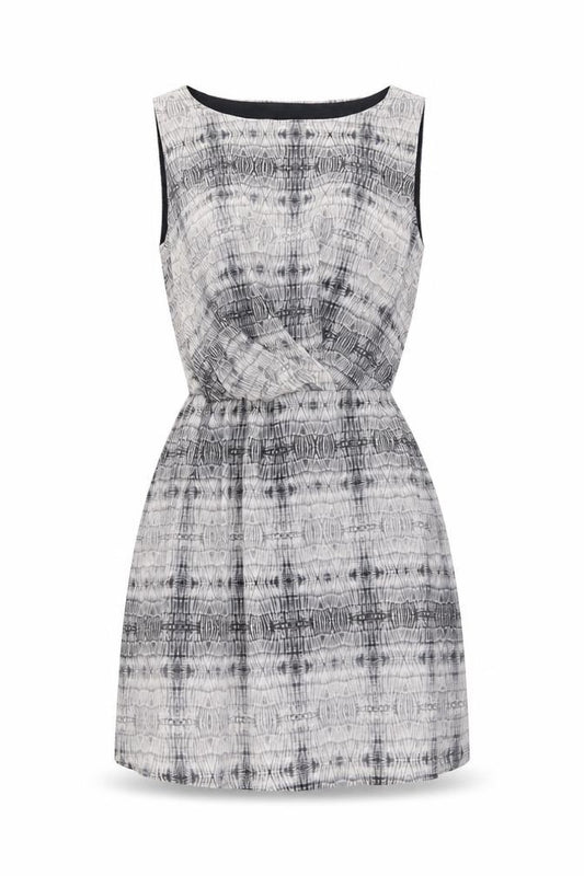 Front view of Mango women’s grey geometric polyester fit & flare, size XS, round neck pullover