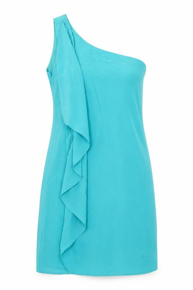 Front view of Oasis women’s blue polyester a-line, size UK 10, one shoulder zip