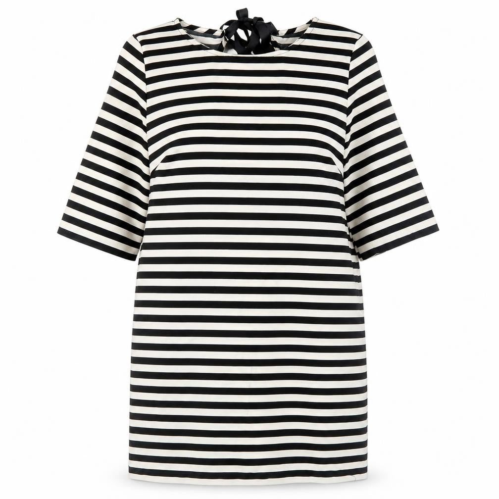 Front view of Atmosphere women’s black striped polyester a-line, size UK 16, round neck tie
