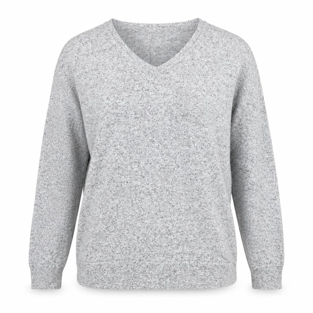 Front view of Papaya women’s grey v-neck viscose jumper, size UK 14