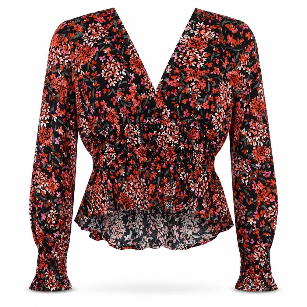 Front view of Topshop women’s red floral viscose basic blouse, size UK 12, v-neck