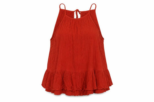 Front view of ASOS women’s red viscose basic tank, size UK 14, round neck