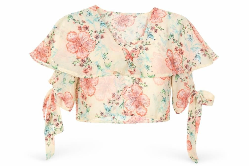Front view of Love & Other Things women’s beige floral polyester basic blouse, size M, v-neck - cold shoulder