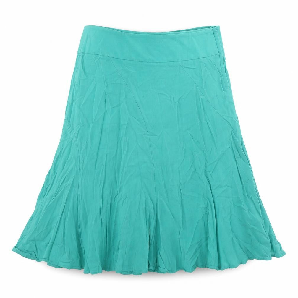 Front view of H&M women’s blue viscose swing skirt, size UK 35, in zip