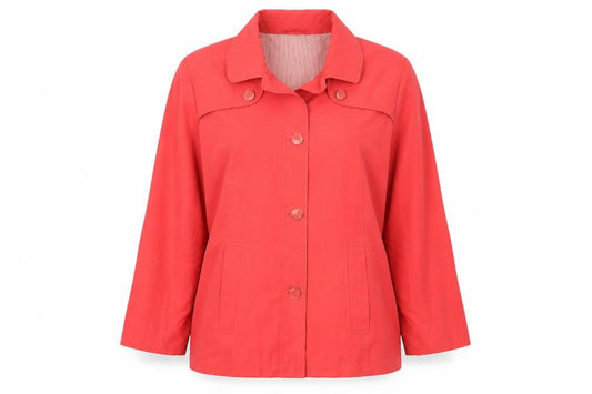 Front view of Classics women’s red jacket, size UK 16, button