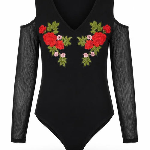 Select Womens Black Floral Viscose Bodysuit One-Piece Size 8 Snap - Cold Shoulder Mesh Sleeve