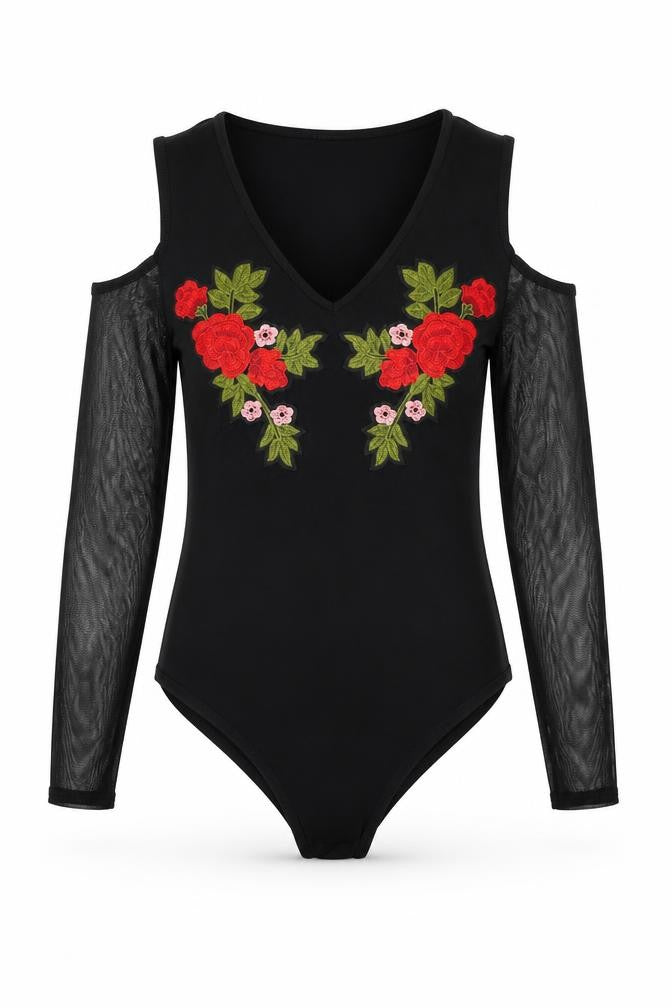 Select Womens Black Floral Viscose Bodysuit One-Piece Size 8 Snap - Cold Shoulder Mesh Sleeve