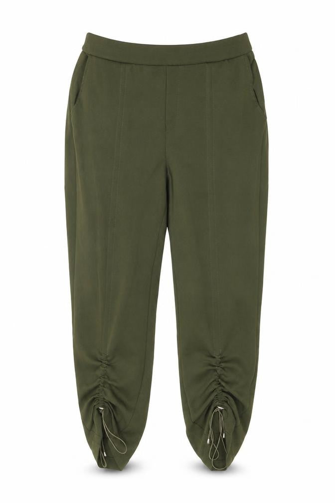 Front view of Kzell women’s green polyester trousers, size M, regular drawstring