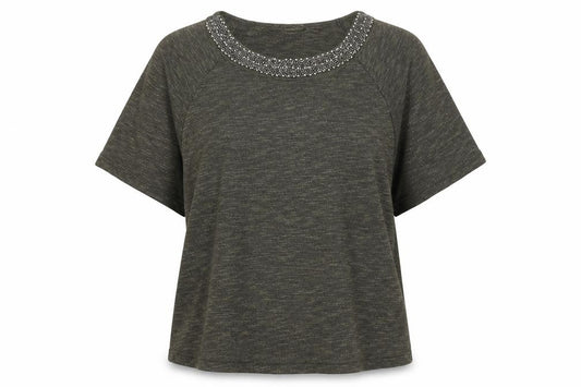 Front view of Atmosphere women’s green viscose basic t-shirt, size UK 10, round neck