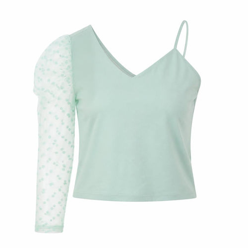 SheIn Womens Green Polka Dot Polyester Cropped Blouse Size XL One Shoulder - Mesh Sleeve