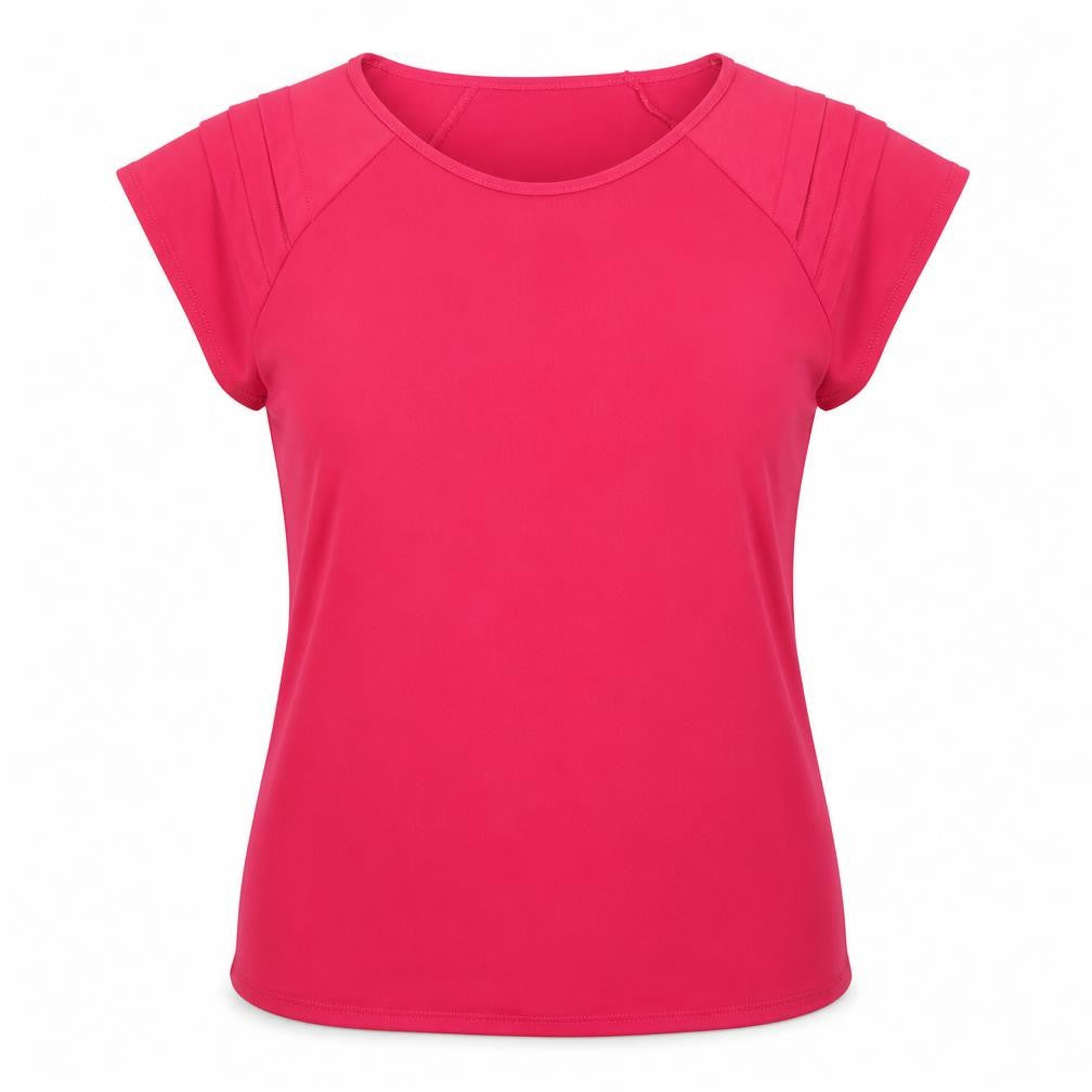 Front view of Saloos women’s pink polyester basic t-shirt, size UK 16, boat neck