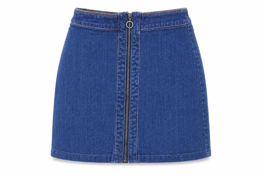 Front view of H&M women’s blue cotton a-line skirt, size UK 6, zip