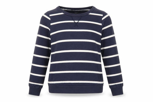 Front view of Topshop women’s blue striped cotton pullover sweatshirt, size UK 6, pullover