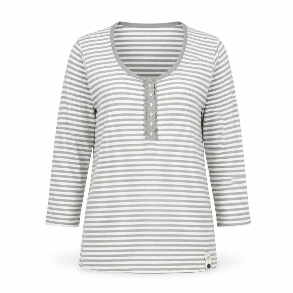Front view of Jack Murphy women’s green striped cotton basic blouse, size UK 10, scoop neck