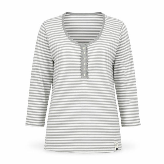Front view of Jack Murphy women’s green striped cotton basic blouse, size UK 10, scoop neck