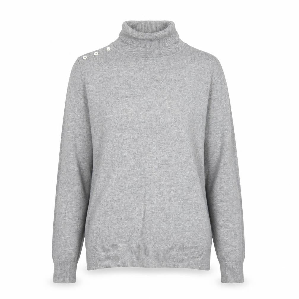 Front view of Gerard women’s grey roll neck viscose jumper, size UK 10