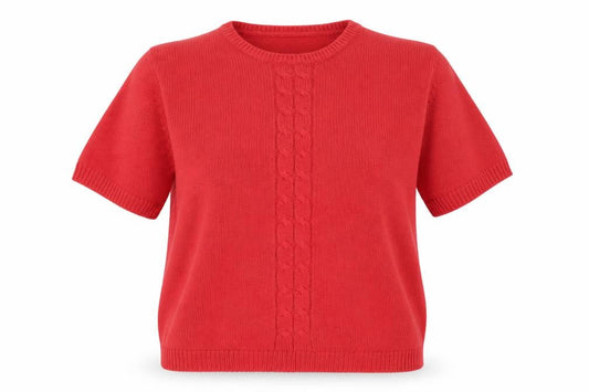 Front view of BHS women’s red round neck acrylic jumper, size UK 14