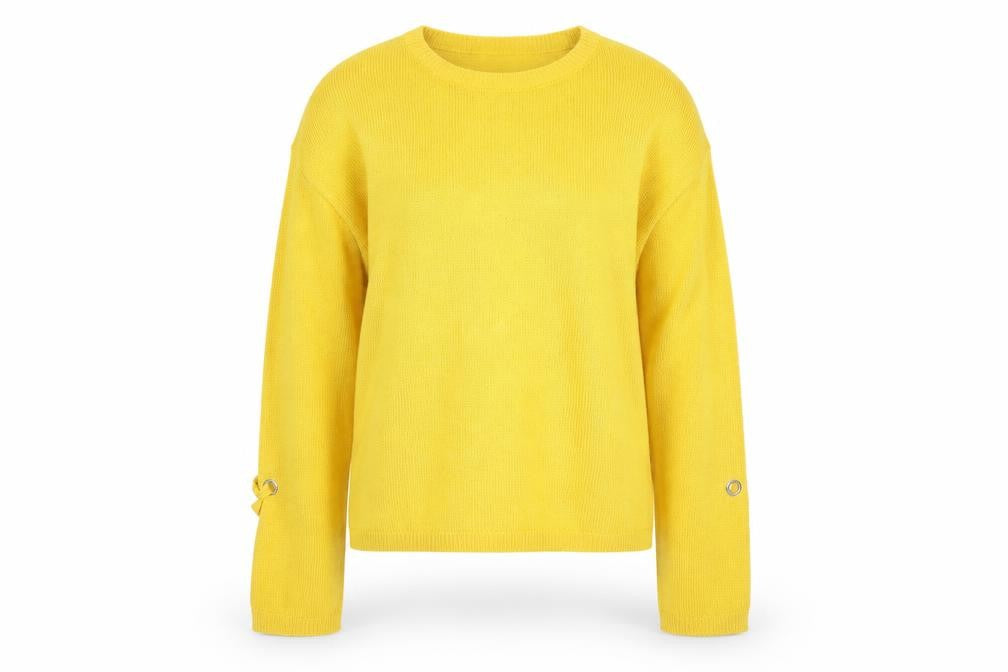 Front view of Papaya women’s yellow round neck acrylic jumper, size S