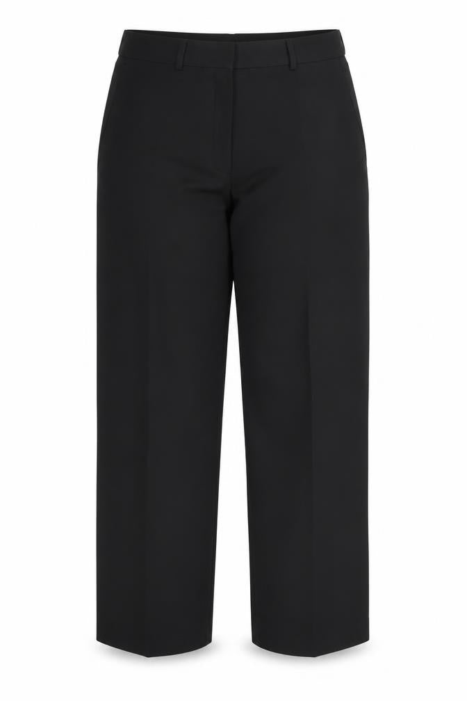 Front view of Preworn women’s black polyester trousers, size UK 12, regular zip