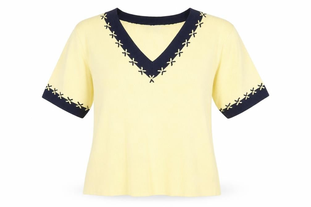 Front view of Roman women’s yellow viscose basic t-shirt, size M, v-neck