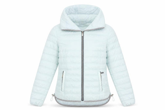 Front view of Farouche women’s blue puffer jacket jacket, size UK 10, zip