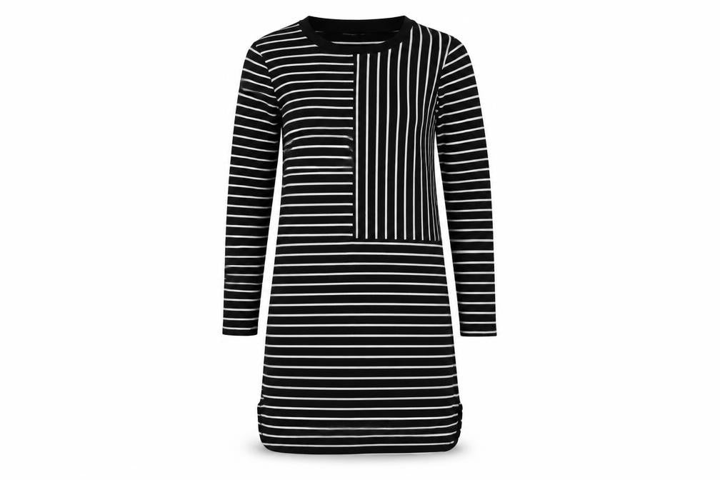 Front view of Debenhams women’s black striped viscose a-line, size UK 10, round neck pullover