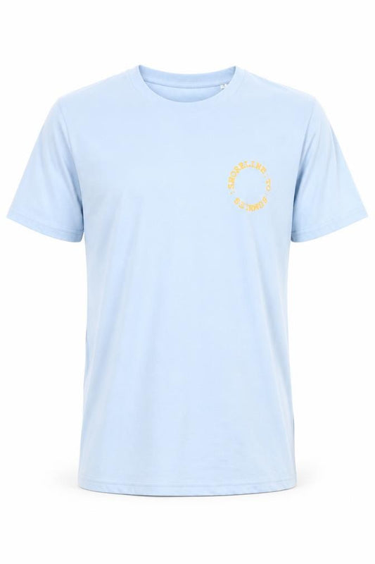 Front view of Stella men’s blue cotton t-shirt, size S, round neck