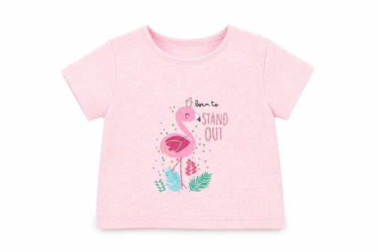 Front view of Primark Baby Pink Cotton Basic T-Shirt, size 6-9, Months Round Neck Pullover - Born to Stand Out Flamingo