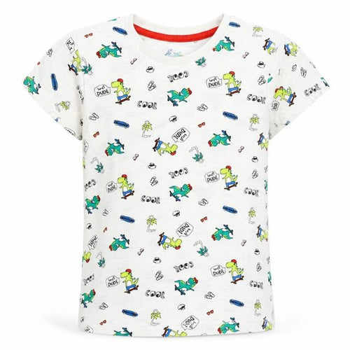 Matalan Boys White Geometric 100% Cotton Basic T-Shirt Size 5-6 Years Round Neck Pullover - Dinosaur